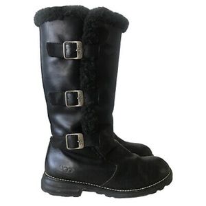 Ugg Women’s Black Leather Boots w/Lambswool, Sz 5